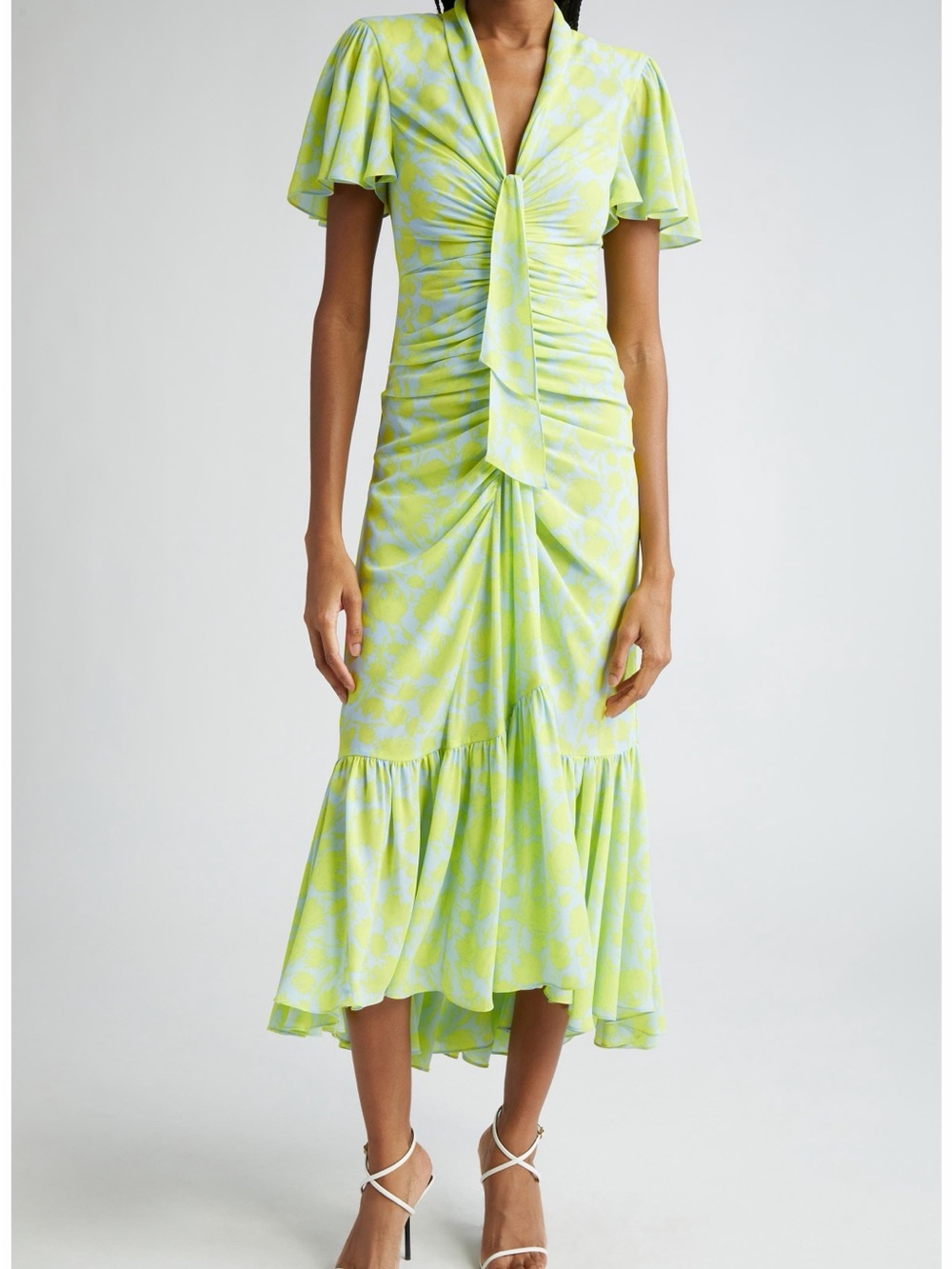 cinq a sept Lime Green Tie-Front Ruched Midi Dress